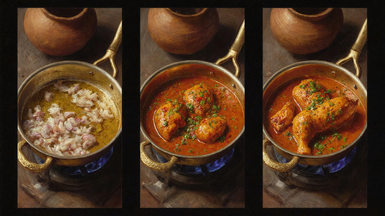 Three-panel artistic depiction of chicken curry evolving from sautéed spices to tender meat in thickened sauce.