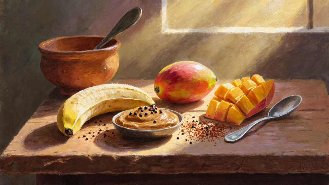 Traditional Indian breakfast table with banana and peanut butter, chopped papaya with black salt, and raw mango slices with chili powder.