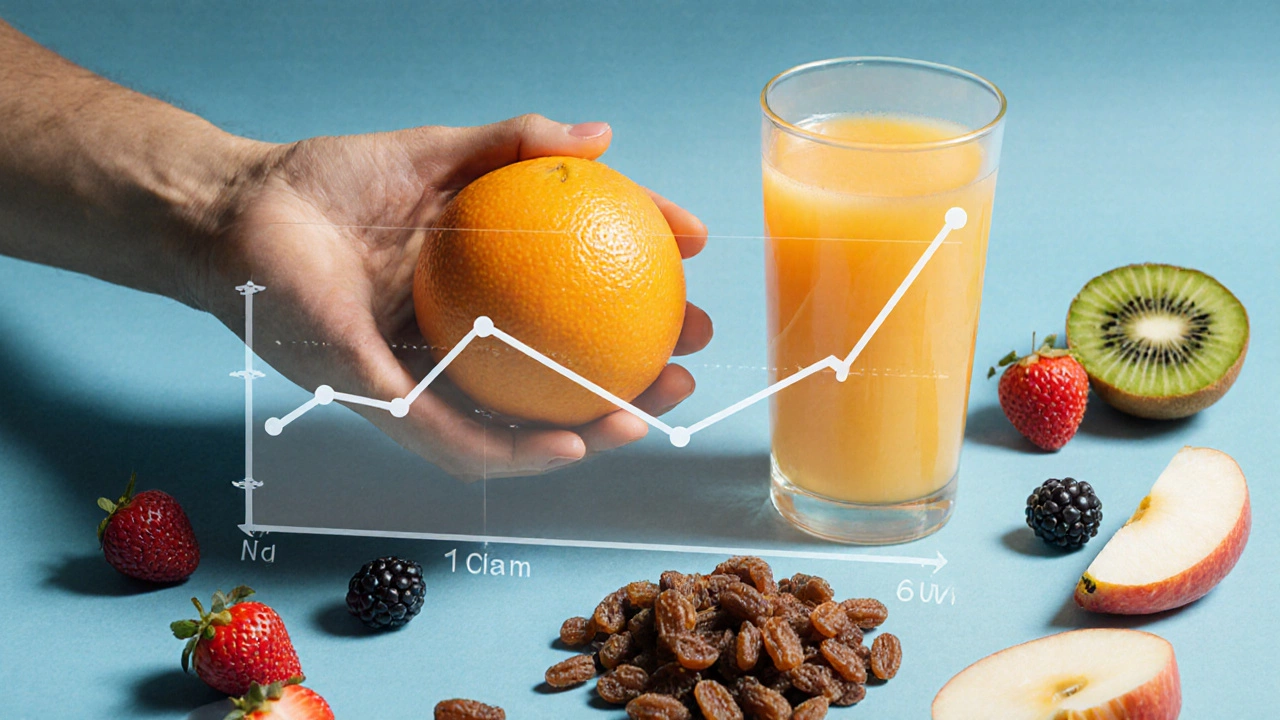 Whole orange beside dried raisins and orange juice, with berries and apple slices, symbolizing healthy vs. processed fruit choices.