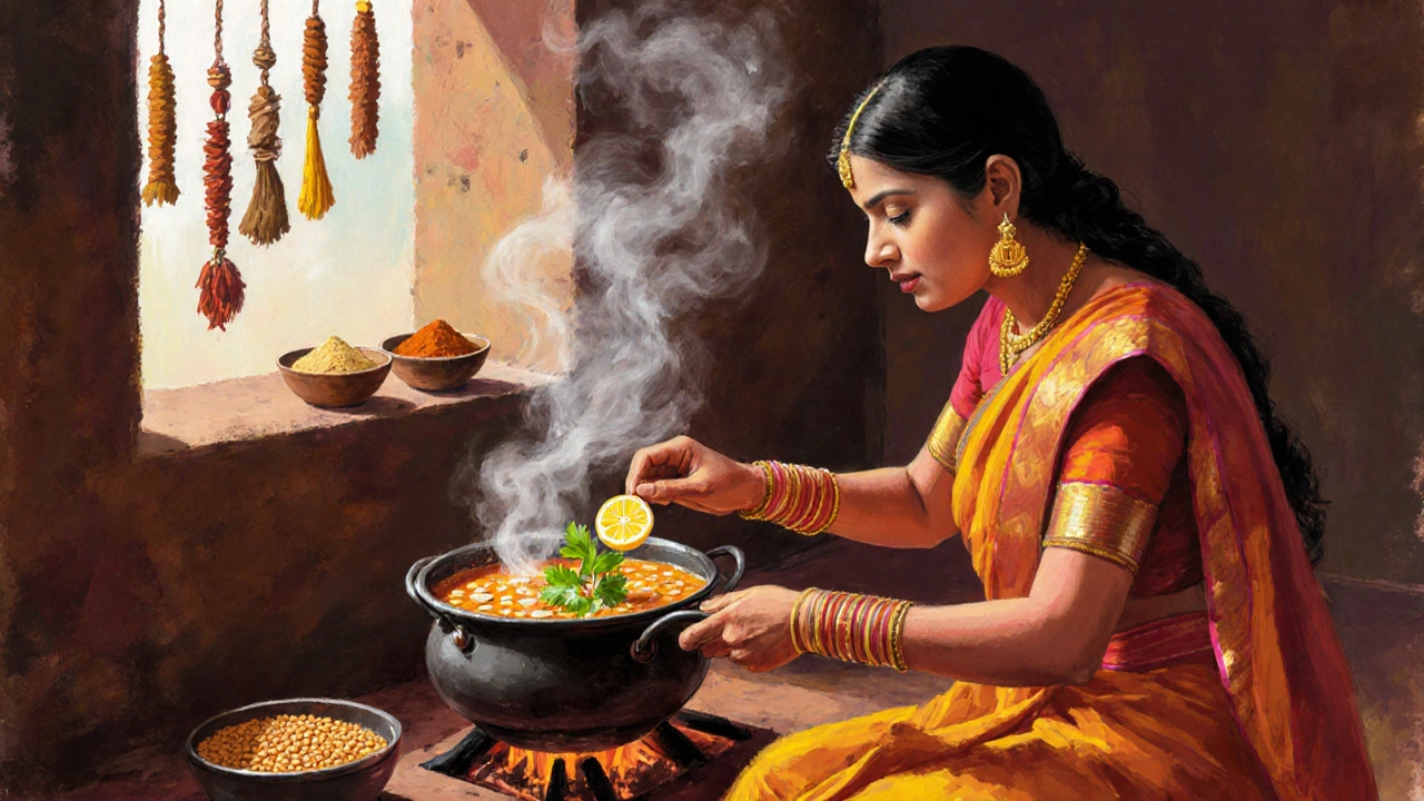 Woman stirring chana dal on a clay stove, adding lemon and coriander.