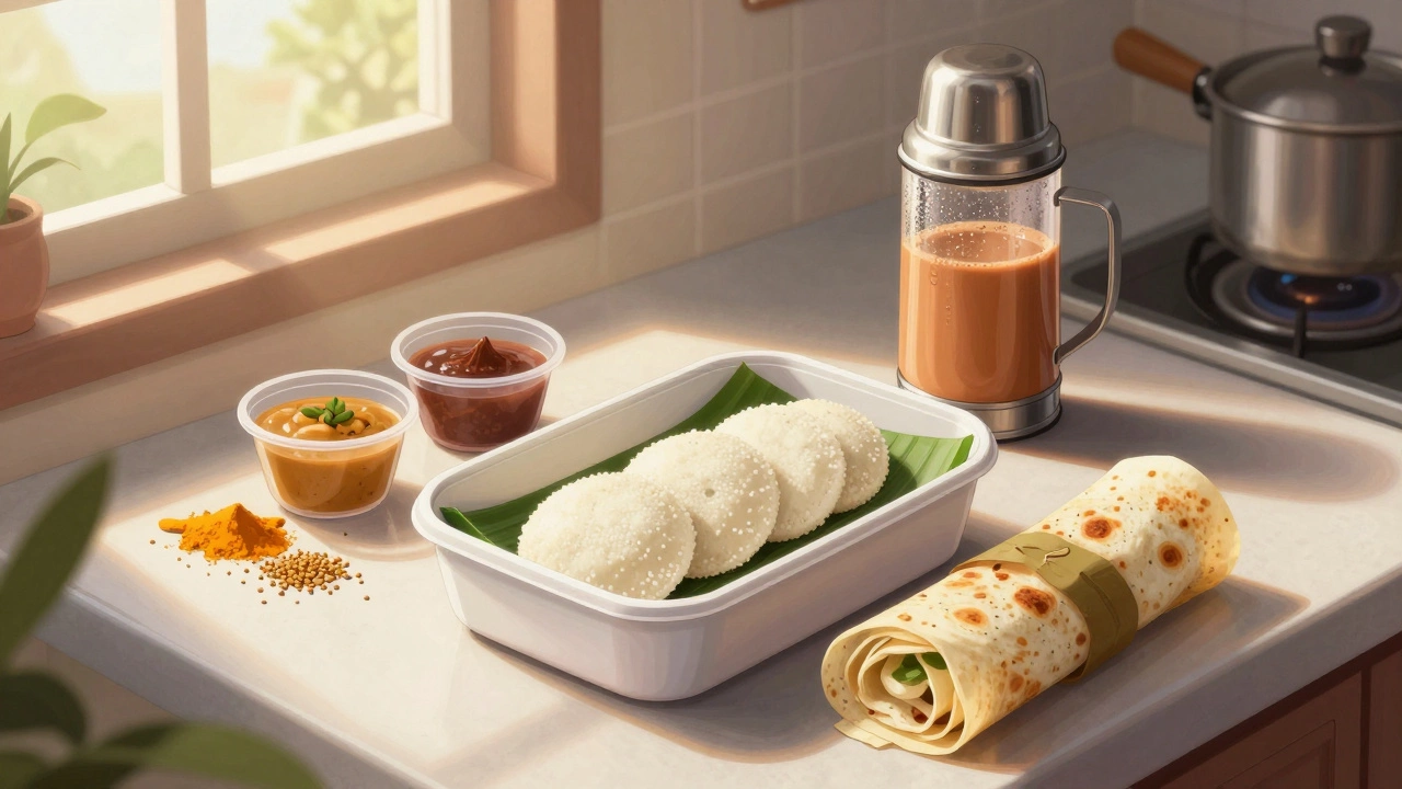 A home-prepared tiffin box with idlis, chutney, and paratha, lit by morning sunlight in a kitchen.