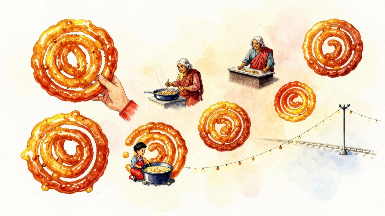 A jalebi spiral morphing into scenes of Indian memories and traditions.