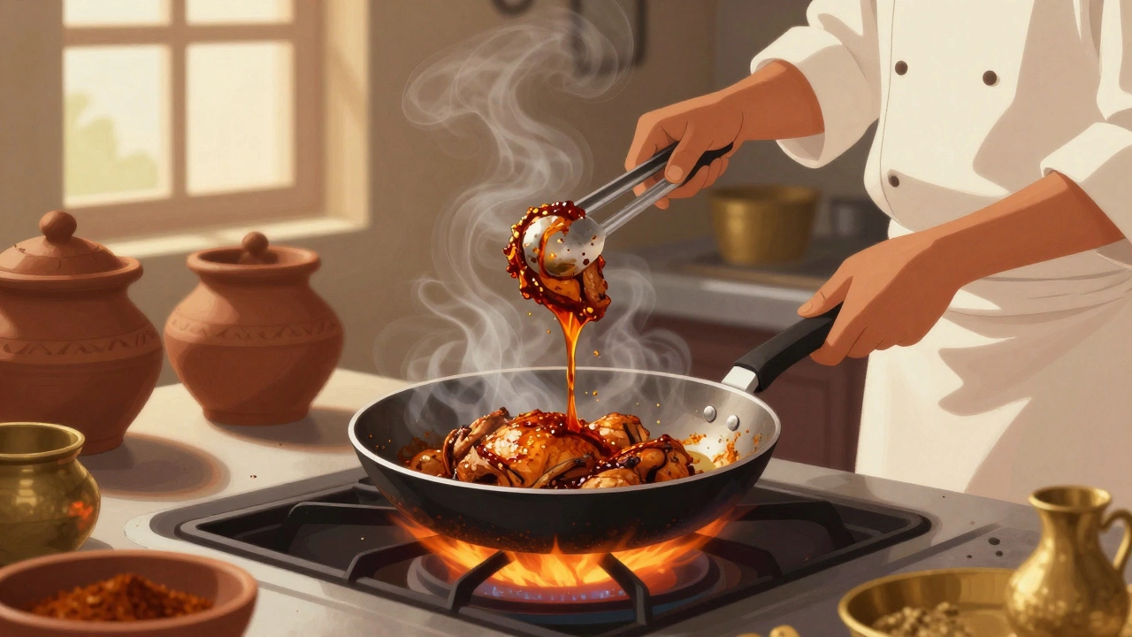 Chef adding spice paste to a pan after browning chicken, steam rising in a traditional Indian kitchen.