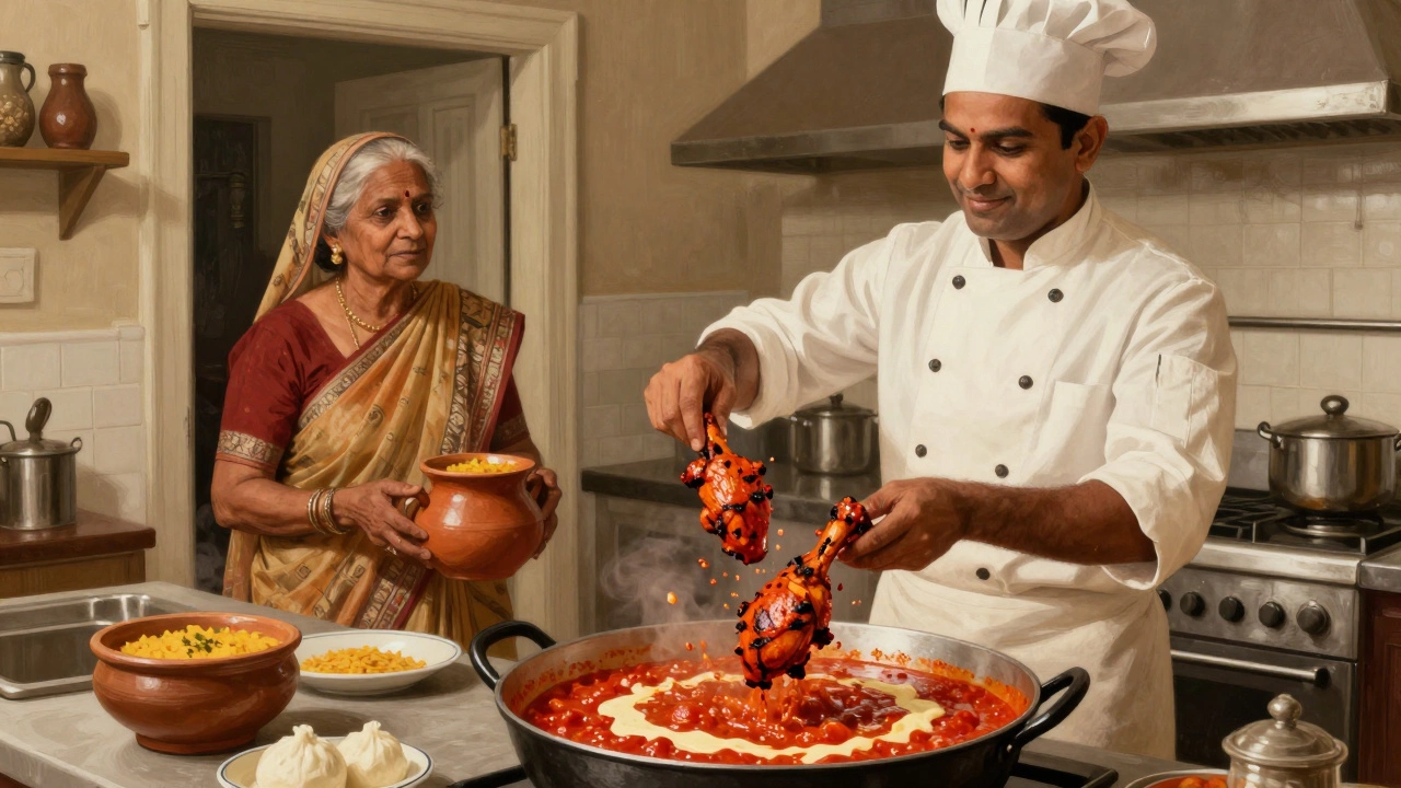 Chef in 1960s London kitchen creating tikka masala as traditional Indian cook observes from doorway.
