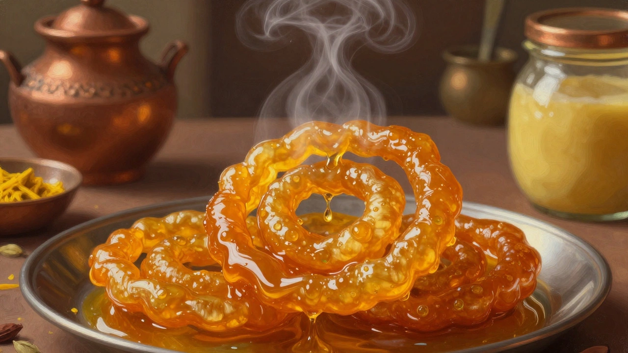 Close-up of a sticky, syrup-dripping jalebi fresh from the pan, glowing in warm light.