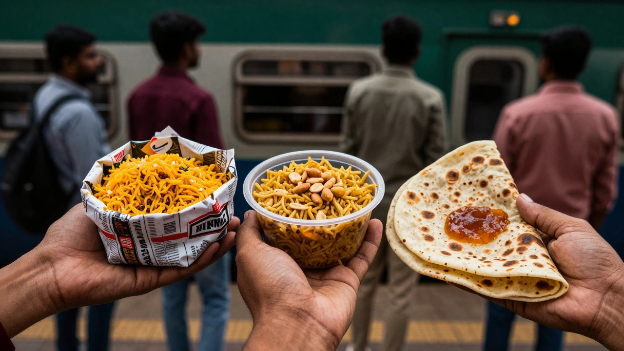 Close-up of three traditional Indian breakfasts: poha, upma, and paratha, wrapped and ready to go.