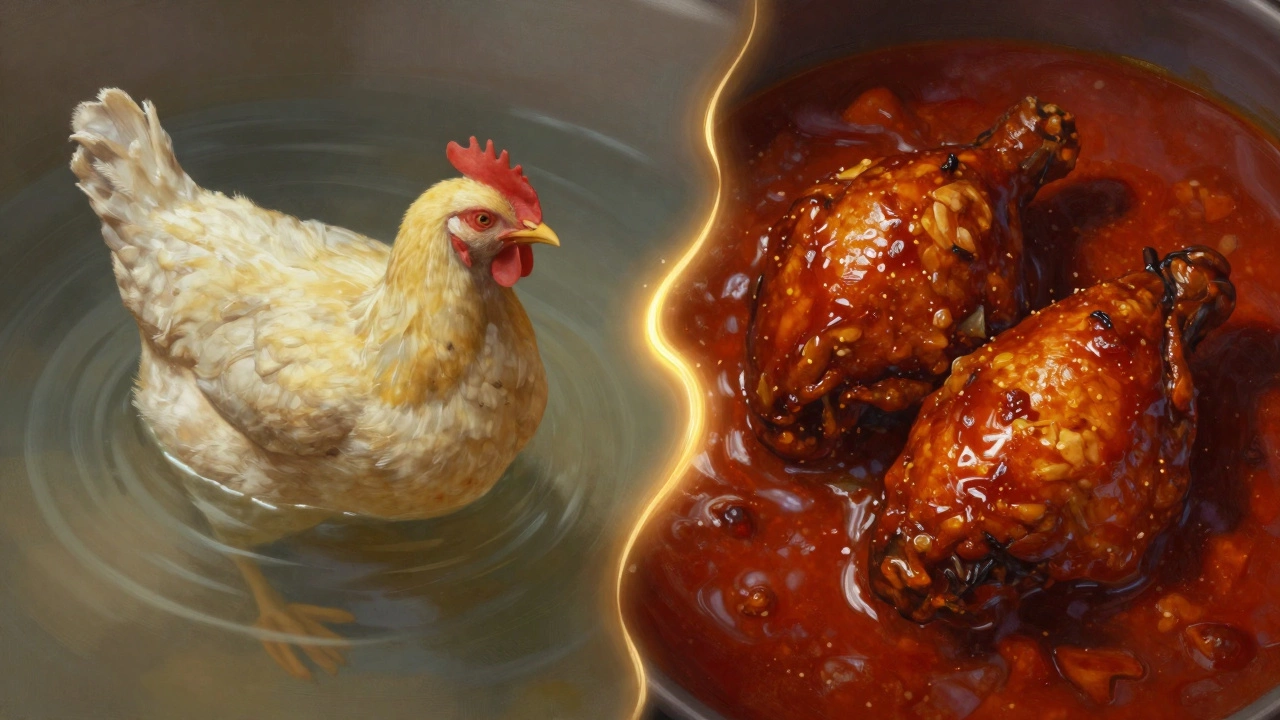 Contrasting images of bland vs. flavorful chicken curry, connected by a golden line representing flavor development.