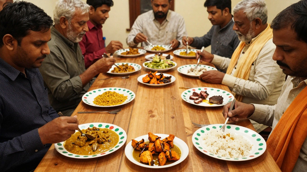 Diverse Indian family sharing meal with labeled vegetarian and non-vegetarian plates, no beef or pork visible.