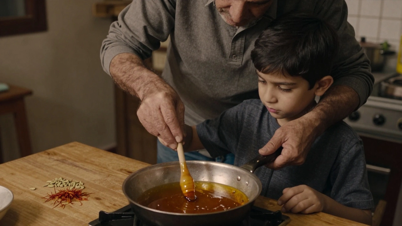 Elderly man teaching child to spin sugar into pashmak in a traditional kitchen.