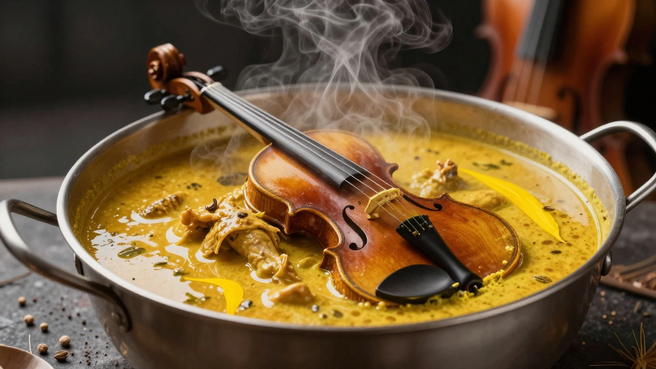 Golden curry stew blending into an orchestra, with bass instruments symbolizing core spices.