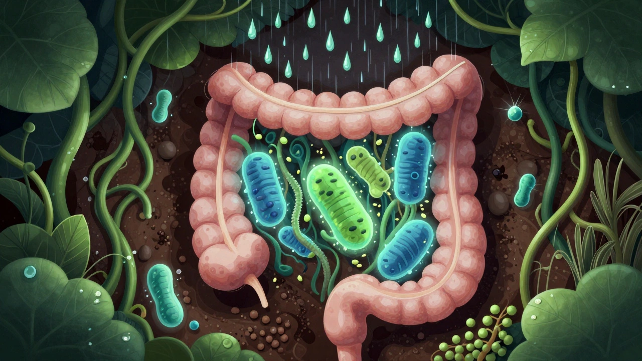 Gut as a garden nourished by lentils, with glowing beneficial bacteria and fiber vines.