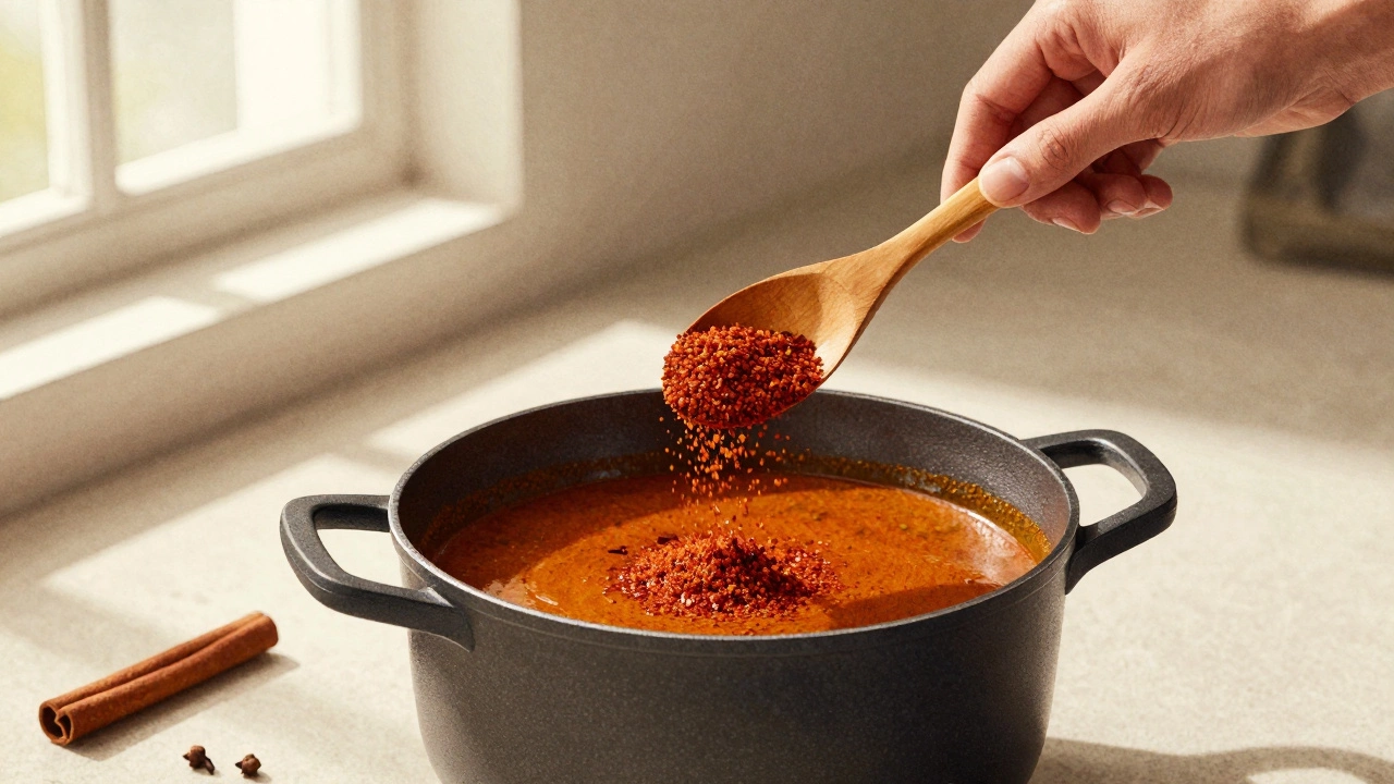 Hand sprinkling garam masala into a simmering curry pot
