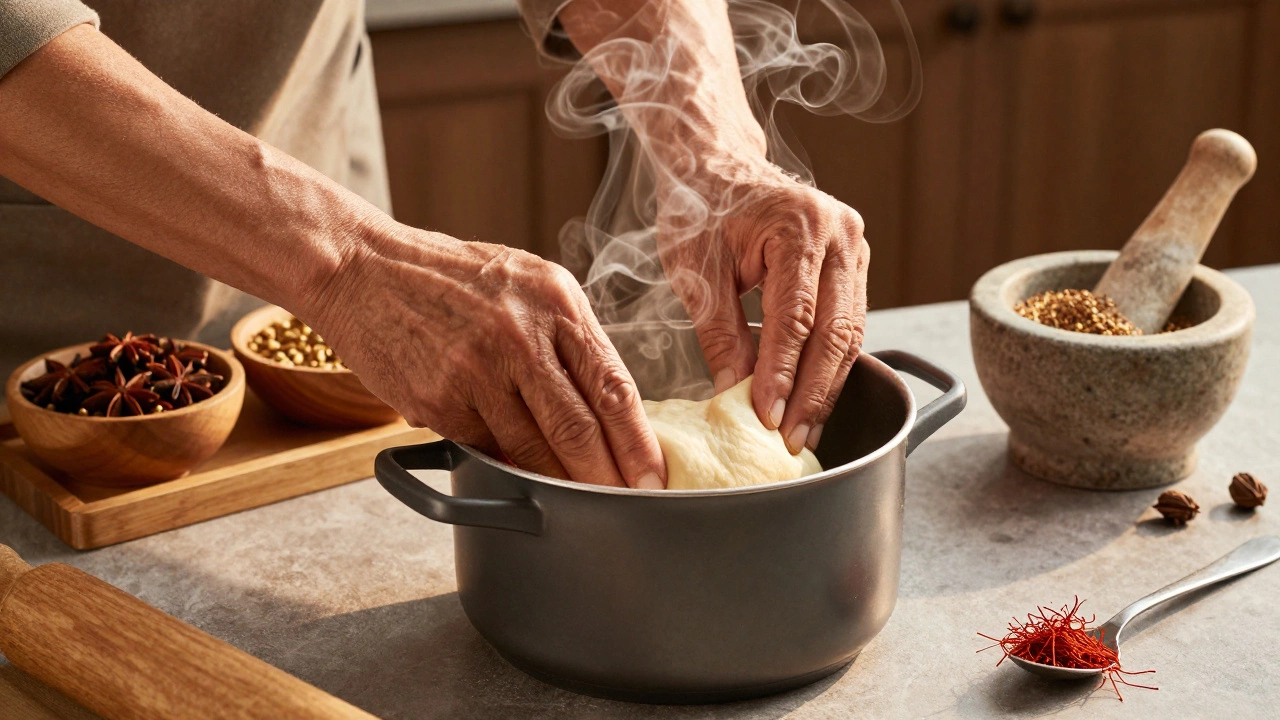 Hands sealing a biryani pot with dough, steam rising, whole spices on a wooden shelf.