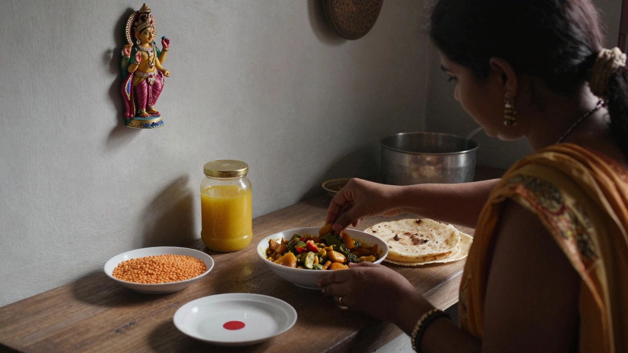 Indian kitchen preparing vegetarian curry and roti, with religious statue and labeled non-vegetarian dish nearby.