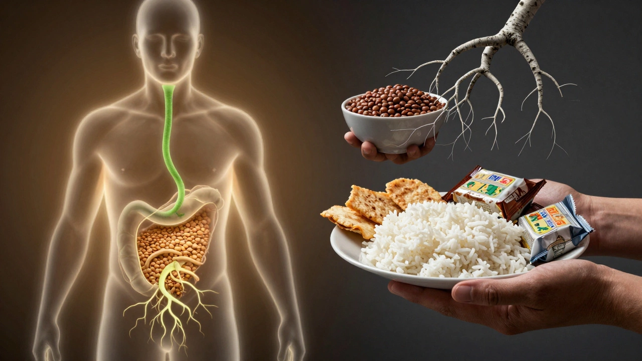 Lentils nurturing healthy gut roots versus processed foods causing root decay.