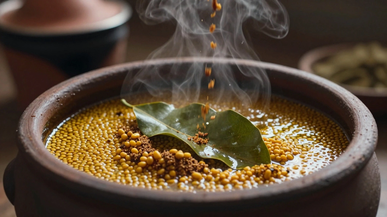 Mustard seeds popping in hot oil with curry leaves releasing steam