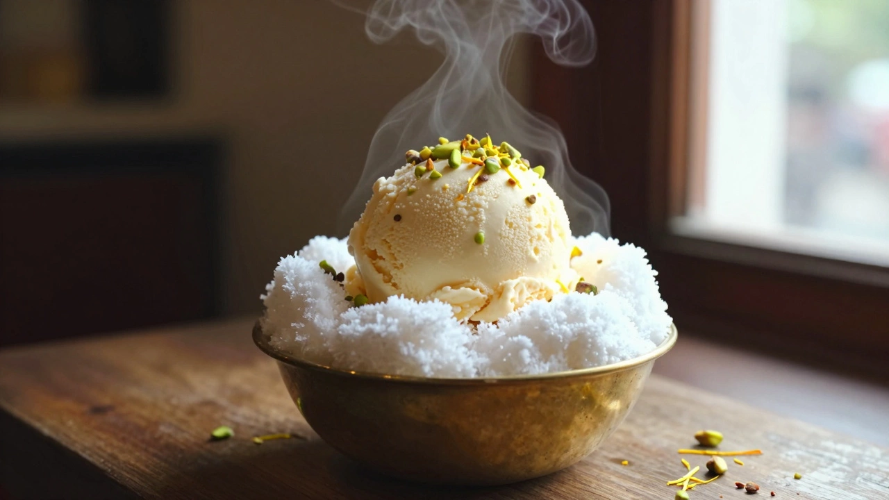 Pashmak garnished on kulfi with pistachios and saffron in a brass bowl.