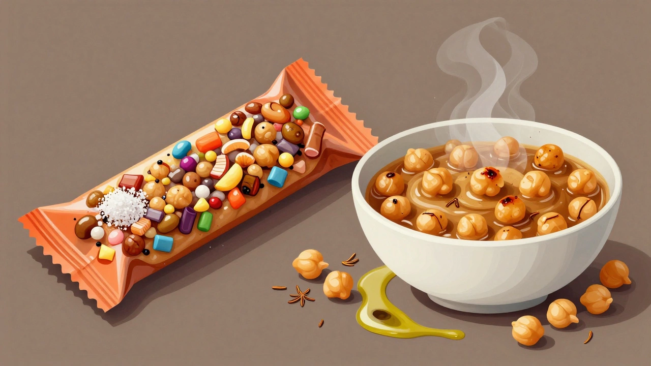 Roasted chickpeas compared to a sugary protein bar.