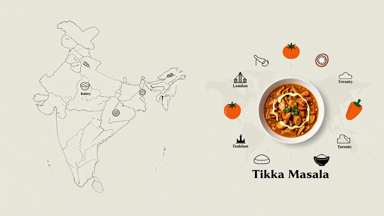 Split image: map of India&#039;s regional curries vs. global spread of tikka masala with cream and tomato symbols.
