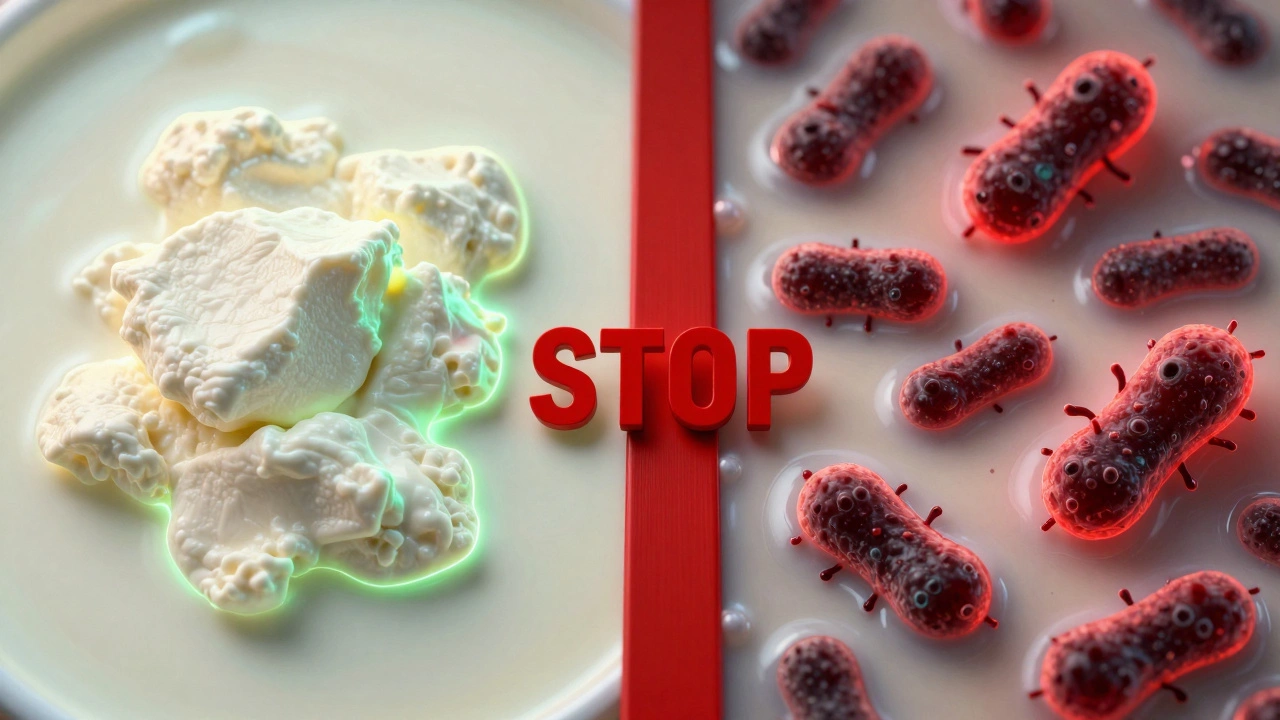 Split image: safe lactic fermentation vs dangerous bacteria in milk, symbolic health contrast.