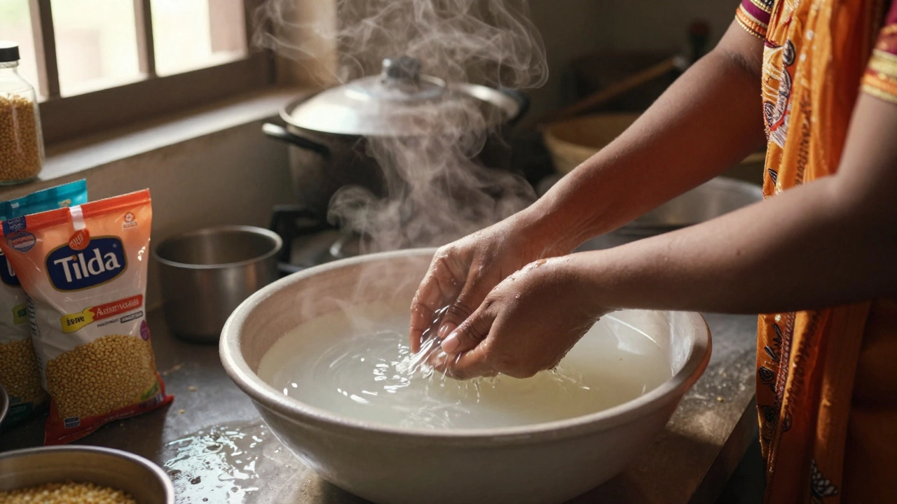Woman gently rinsing dal in a ceramic bowl in a sunny kitchen.