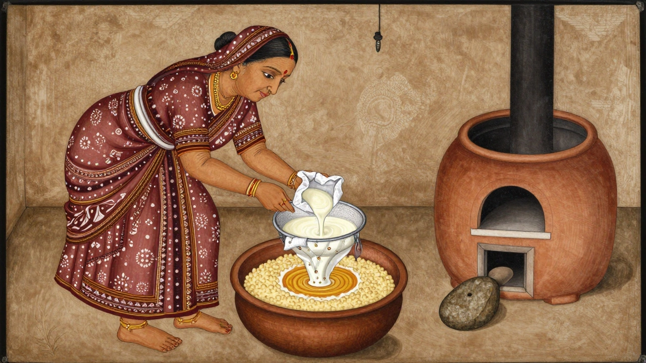 Woman in traditional attire straining milk curds to make paneer in a rural Indian kitchen.