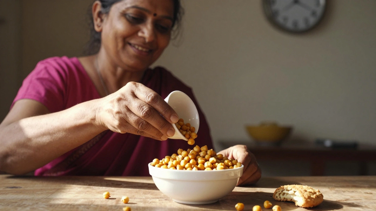Woman serving roasted chickpeas as an afternoon snack.