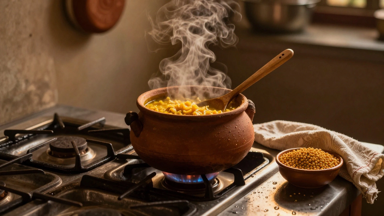 A simmering pot of dal in a traditional kitchen with soaked lentils nearby under a cloth.