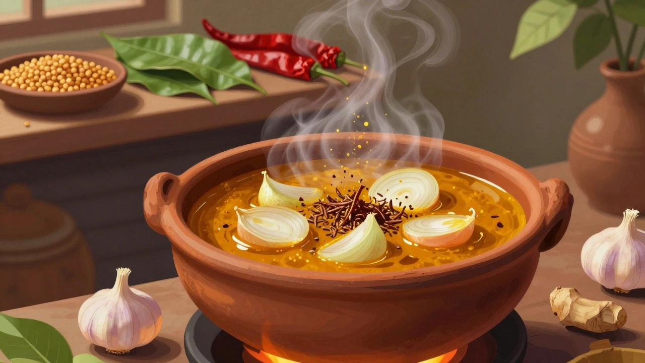 Clay pot of simmering chicken curry with caramelized onions and spices, surrounded by regional ingredients like mustard seeds and curry leaves.