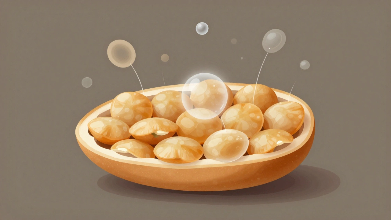 Cross-section of a lentil showing water absorption and molecular breakdown during soaking.