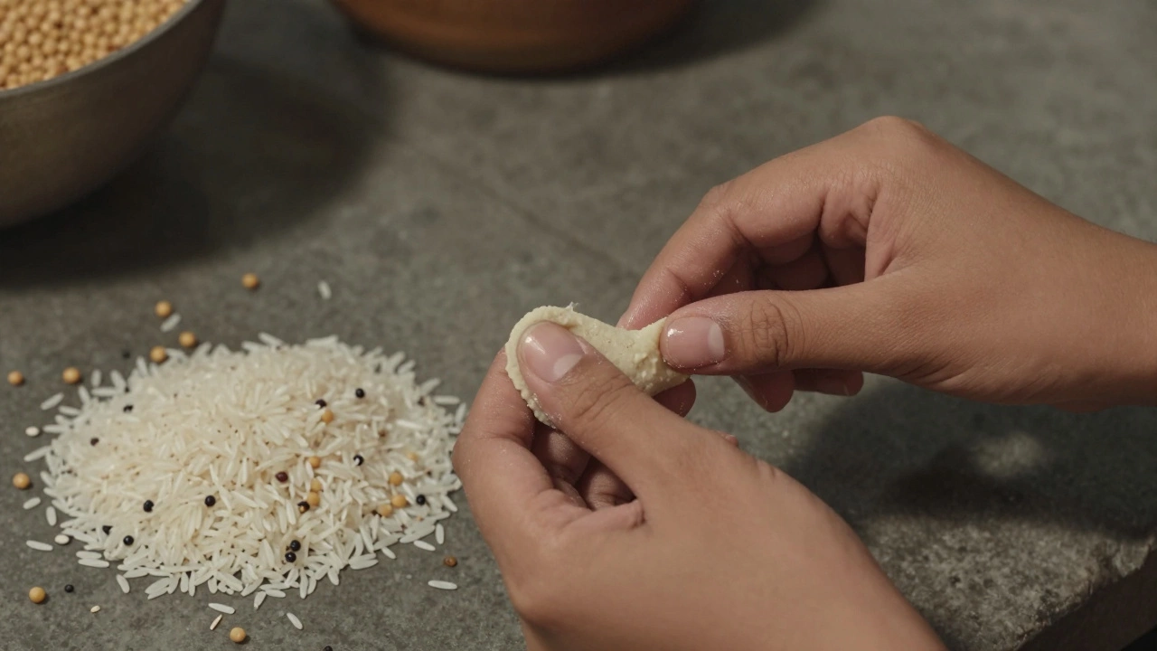 Fingers testing dosa batter texture—smooth vs. grainy