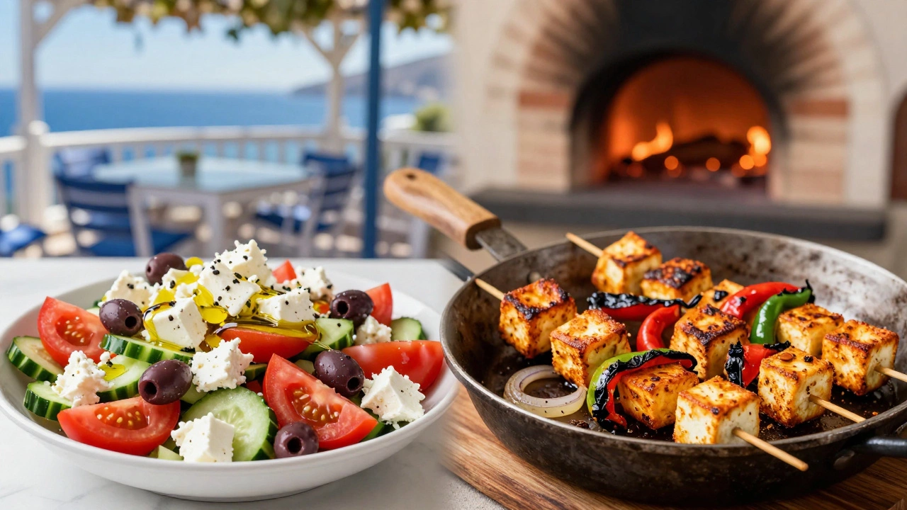Greek salad with feta next to grilled paneer skewers, highlighting contrasting cuisines and cooking methods.