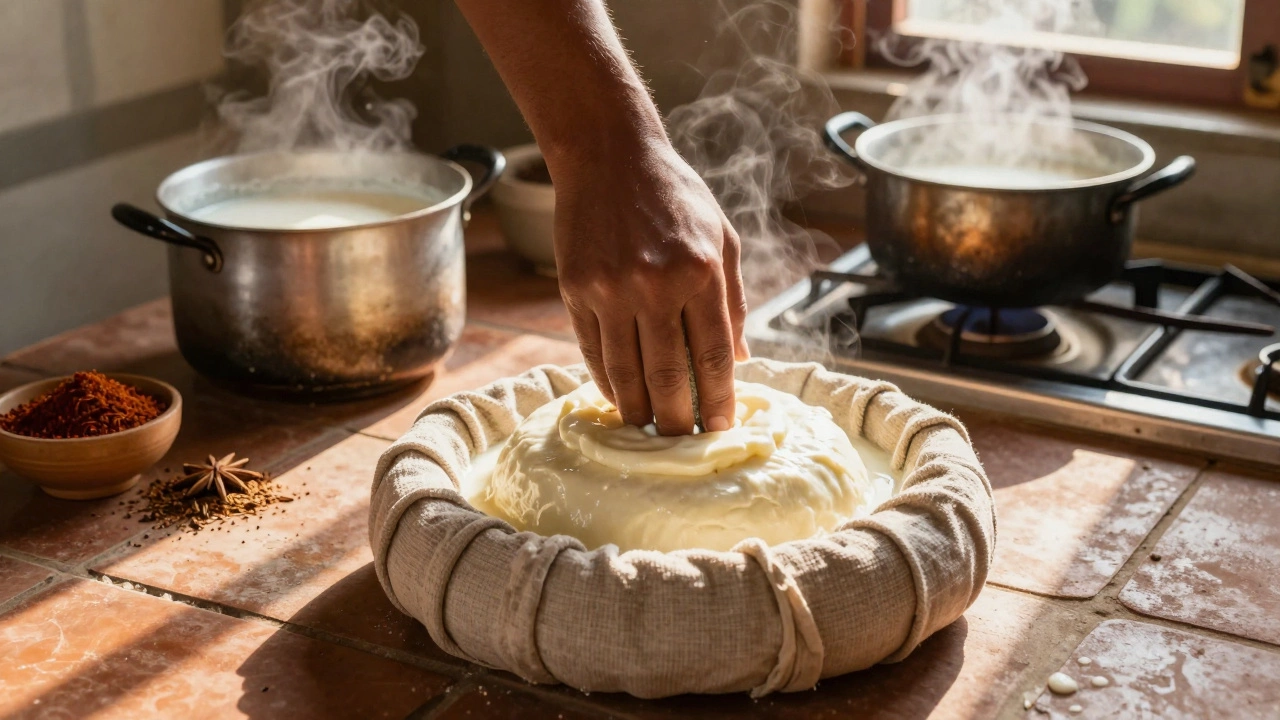 Hand pressing curds in a cloth to make fresh paneer, with steam rising from boiling milk in a rustic kitchen.