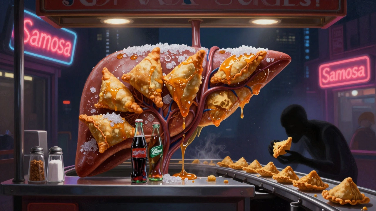 Human liver shaped like a street food stall, with samosas and sugar crystals forming fatty deposits, surrounded by soda bottles and salt shakers.