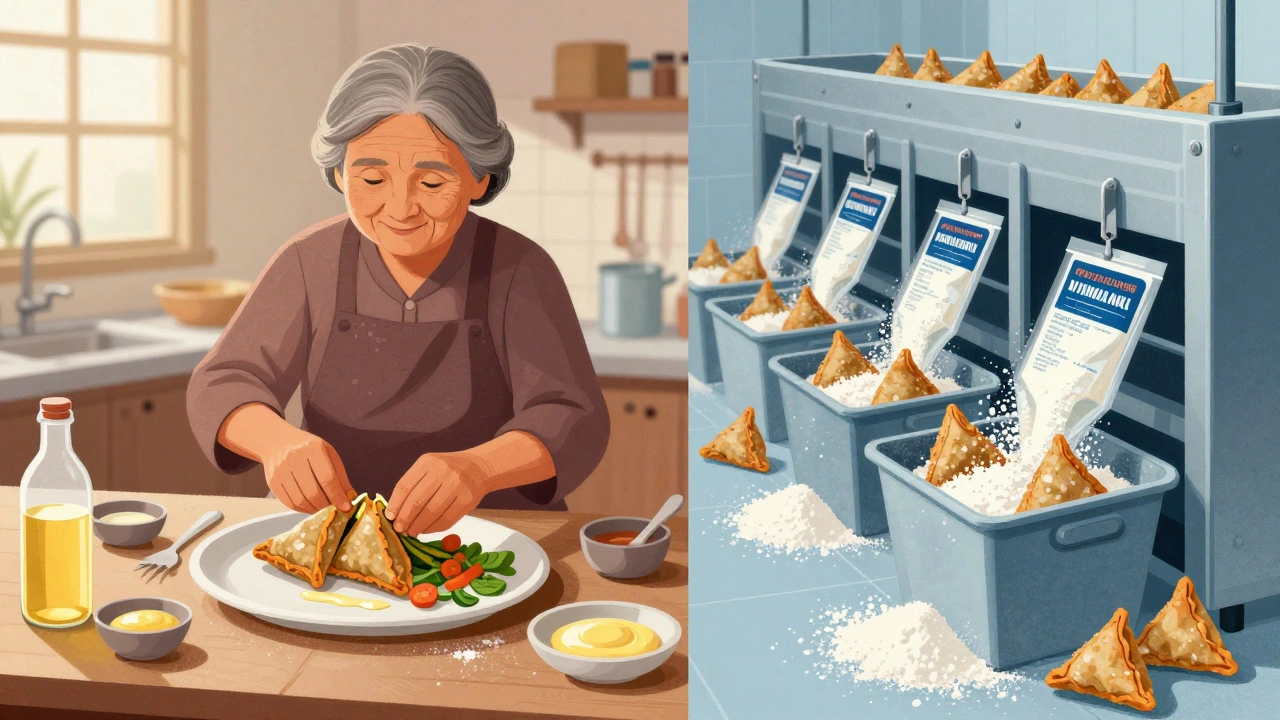 Split image: traditional homemade samosas being prepared by an elderly woman in a kitchen versus mass-produced samosas on an industrial line.