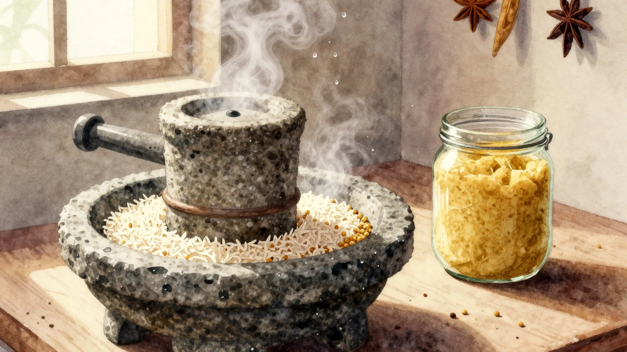 Traditional stone grinder preparing dosa batter in a sunlit kitchen