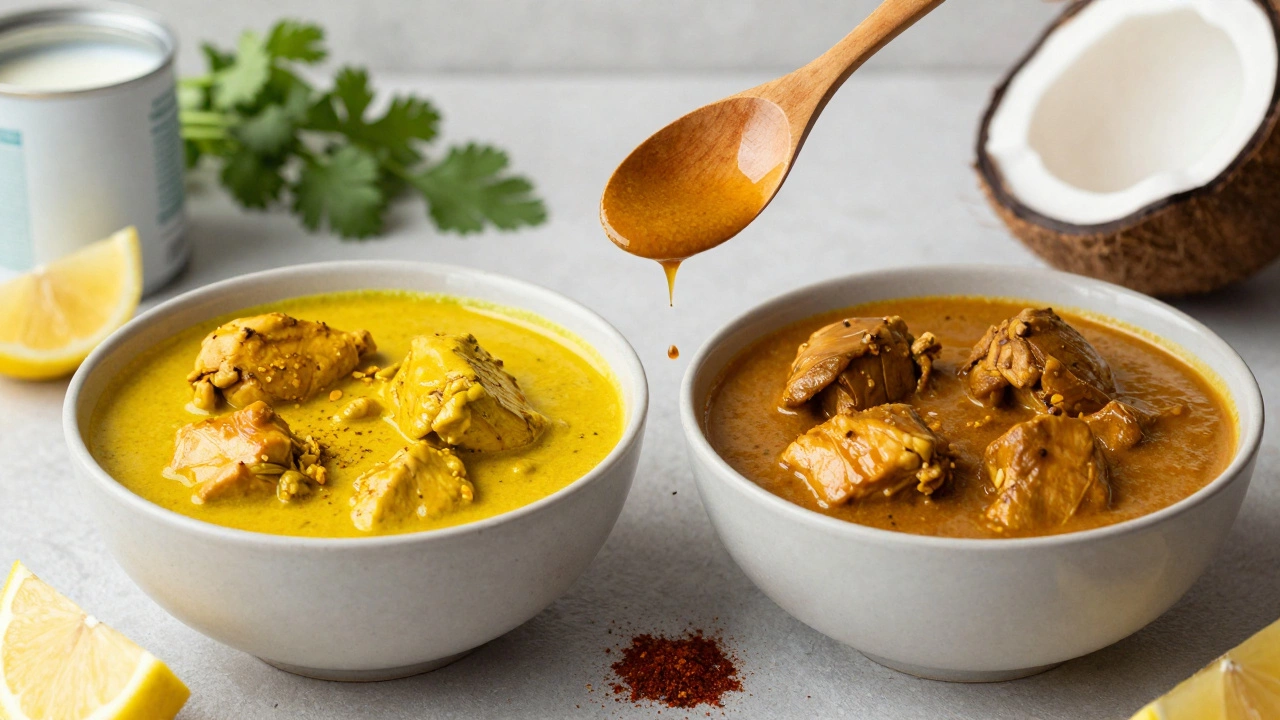 Two side-by-side chicken curries, one golden-yellow and one golden-brown, with lemon, cilantro, and paprika floating nearby.