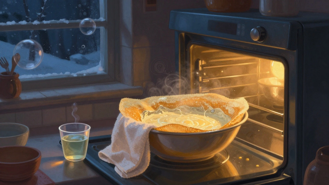 A bowl of dosa batter warming inside an oven with the light on, wrapped in a towel, as night falls outside the window.