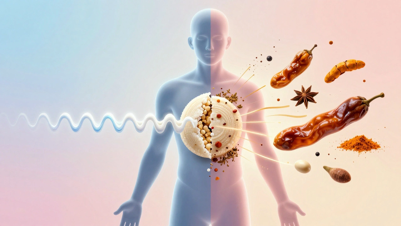 A human silhouette showing rice cake energy spike versus nutrient-rich snacks releasing steady energy and spices.