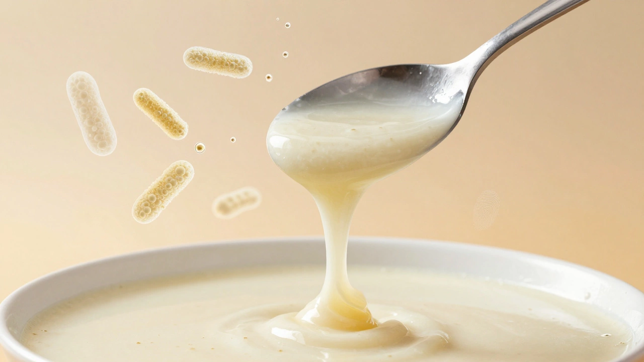 A spoon lifting fermented dosa batter, showing a slow drip and rising bubbles, with microscopic activity subtly visible in the background.