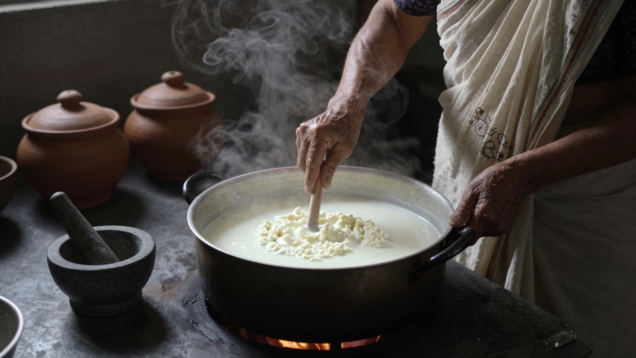 An elderly cook slowly stirring milk over low heat to make paneer with no additives.