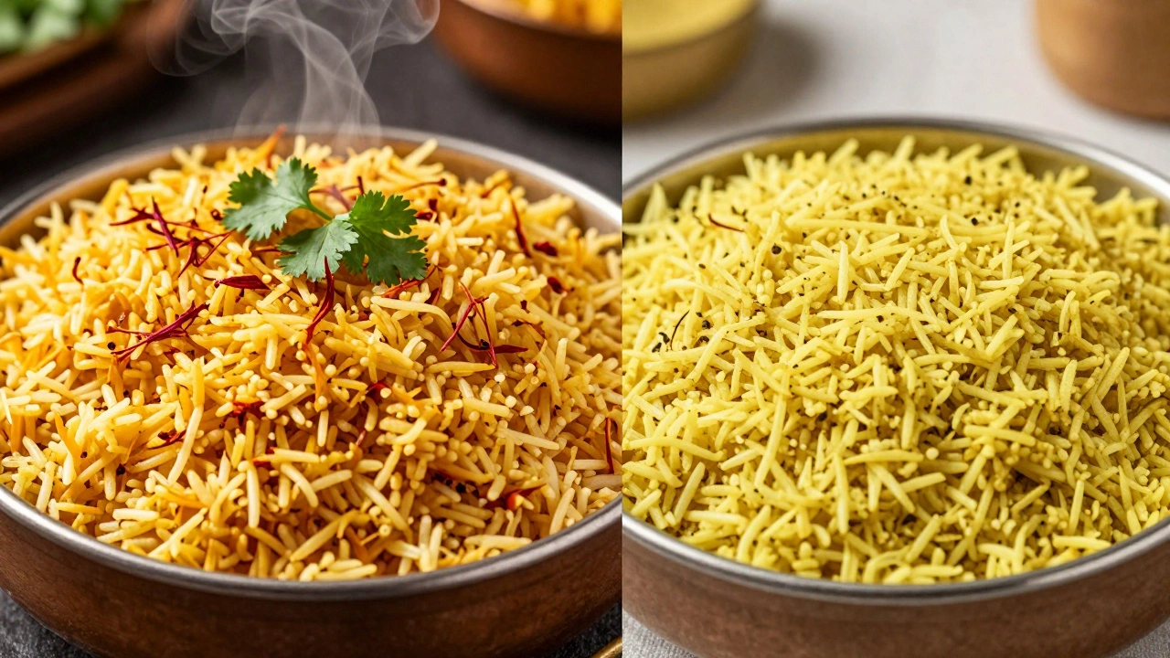 Biryani comparison: saffron (golden) vs turmeric (pale)