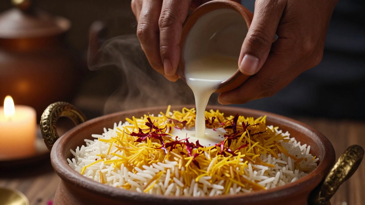 Hands layering saffron-infused rice in cooking pot