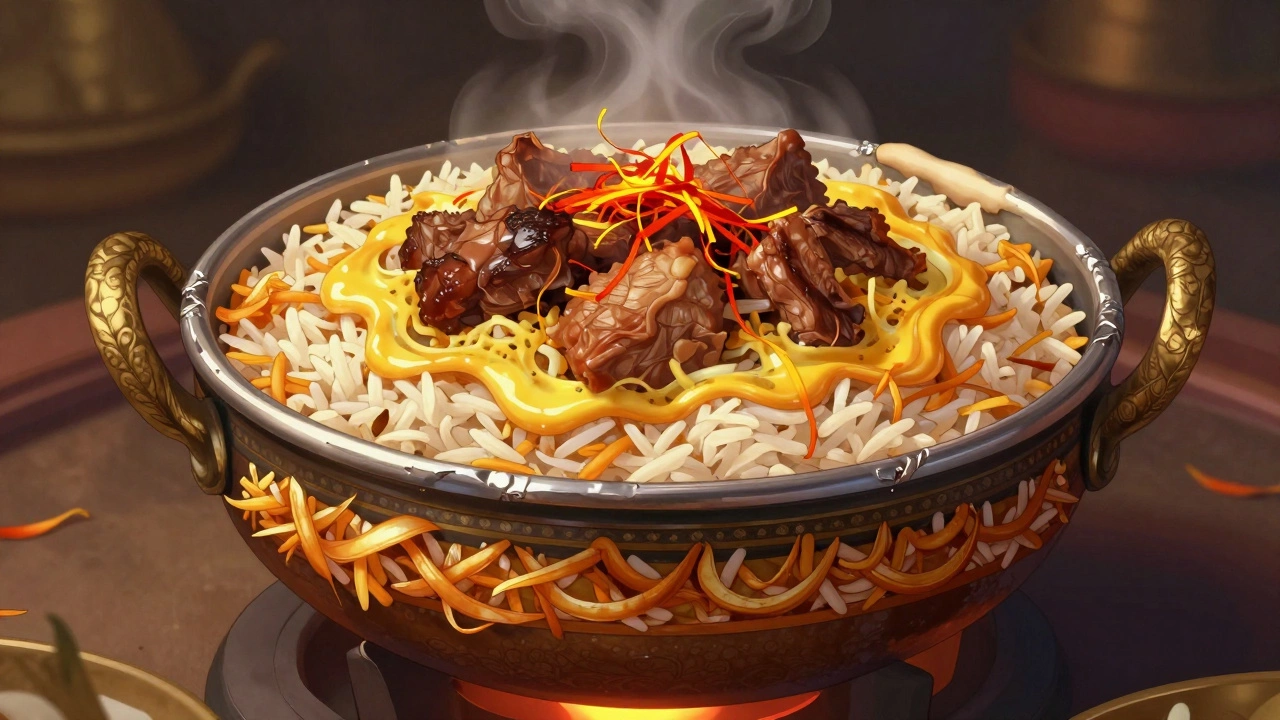 Layered biryani in a sealed pot with saffron milk drizzled between rice and meat.