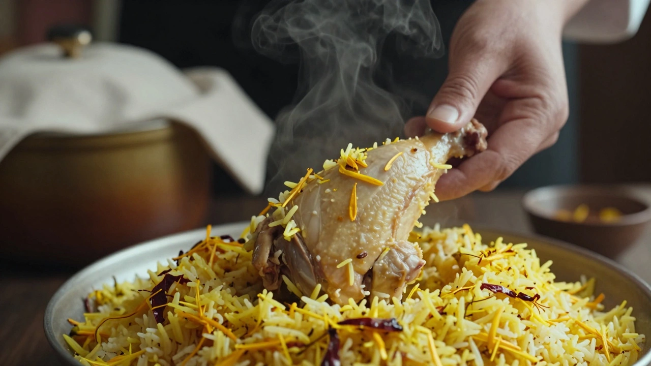 Tender chicken lifted from biryani, surrounded by fragrant saffron rice.