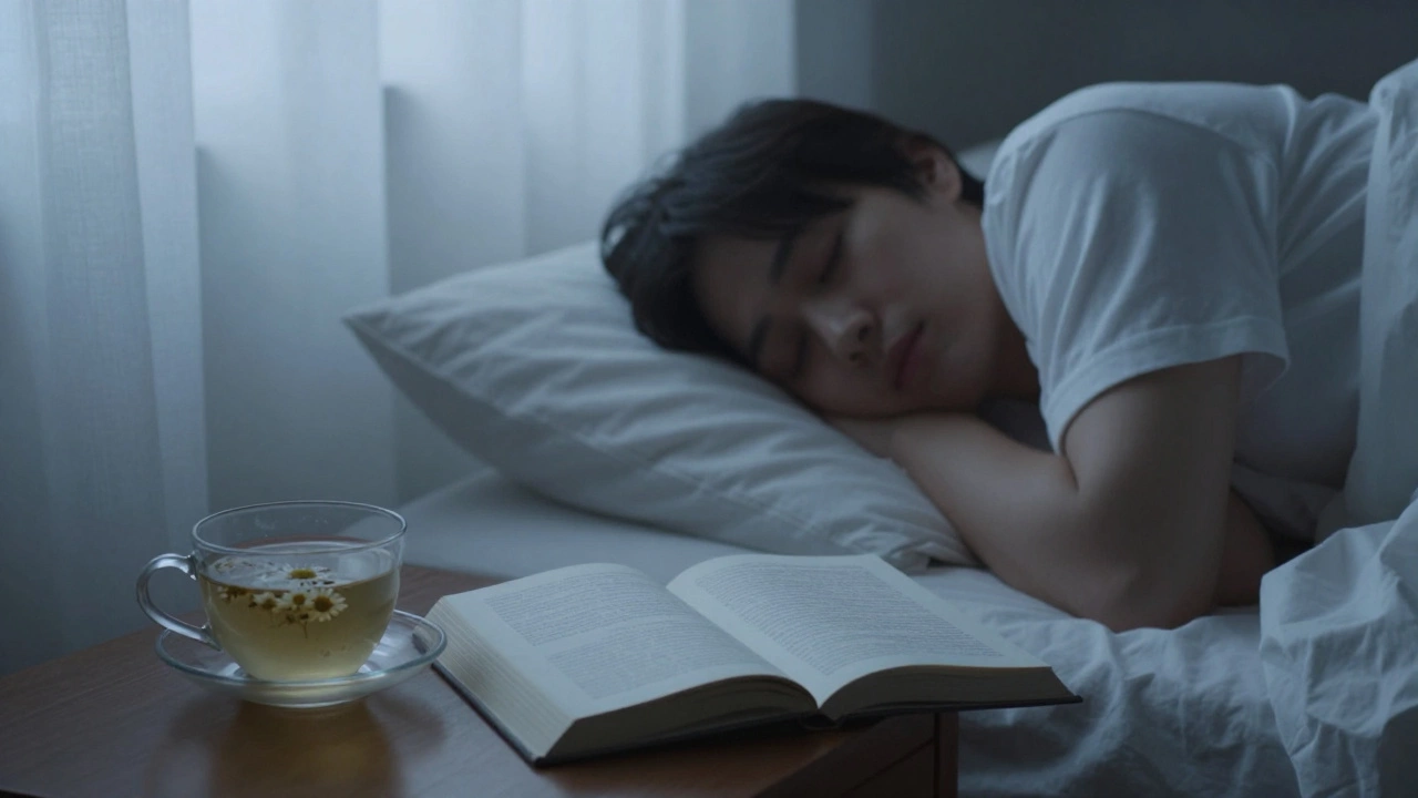 A person sleeping in a darkened room with a book and tea, no screens.