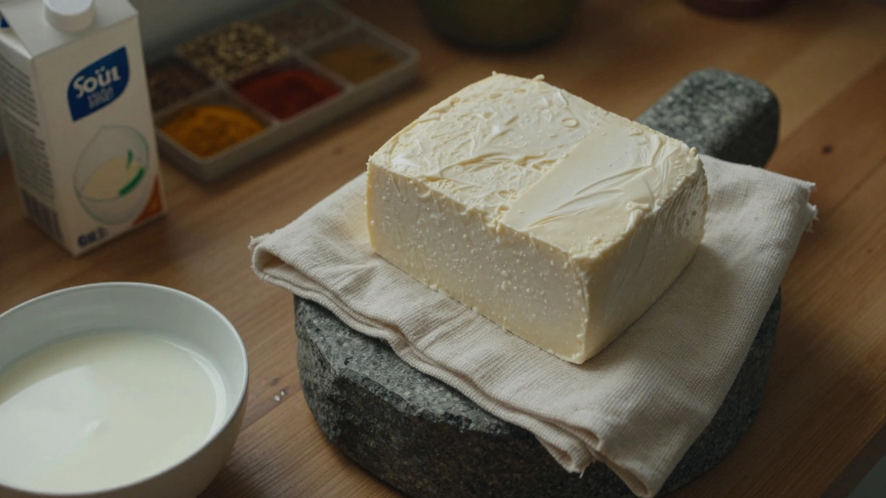 A pressed block of paneer wrapped in cloth, resting under a stone weight on a wooden counter beside a bowl of whey.