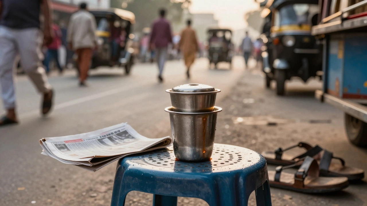 A single steel tumbler of filter coffee on a plastic stool beside worn sandals, soft afternoon sun, blurred city backdrop.