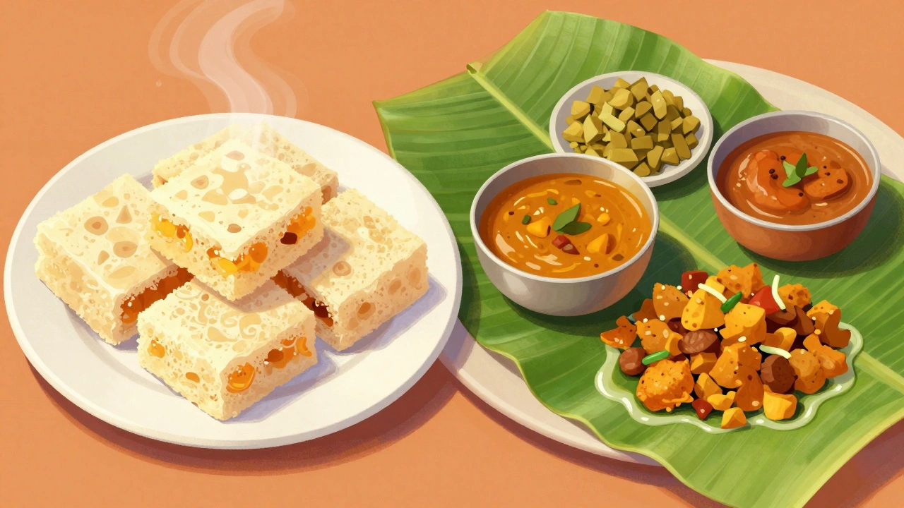 Artistic illustration of regional Indian meals served on banana leaves.