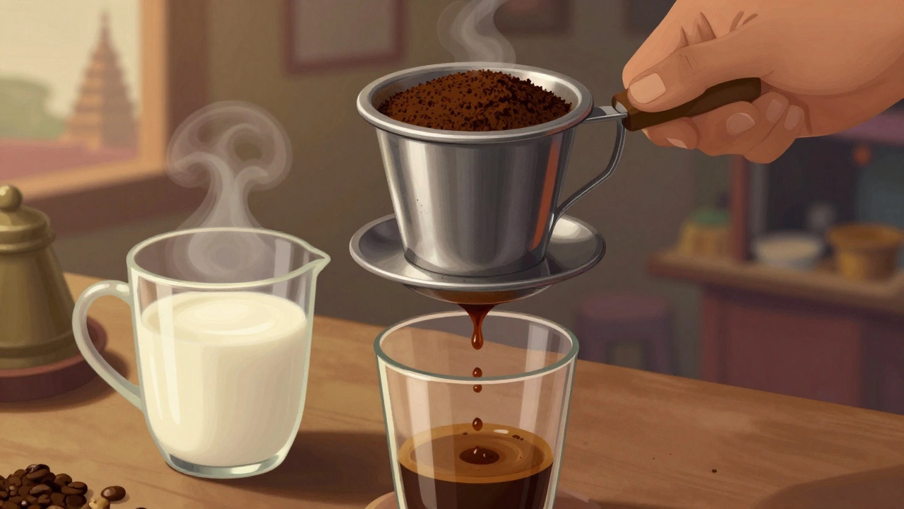 Close-up of Indian coffee filter dripping grounds into a container, with milk and sugar beside it, warm ambient lighting.
